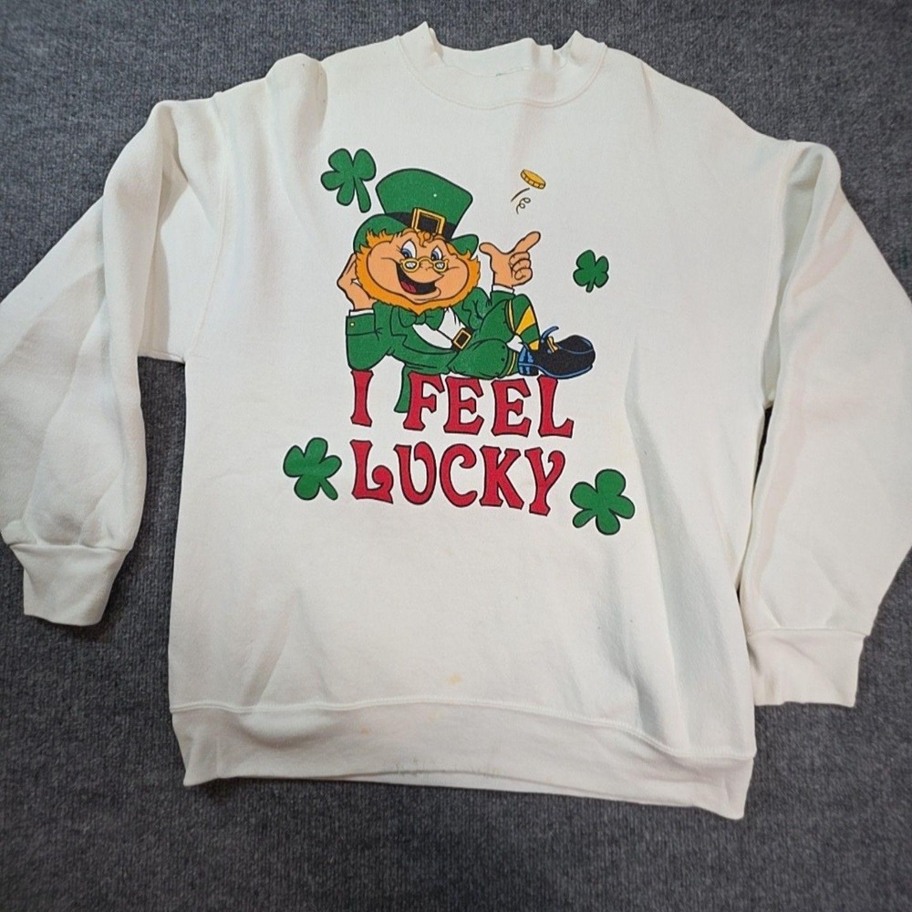 Sweatshirt Mens XL White Fleece Pullover I Feel Lucky Leprechaun St Patricks